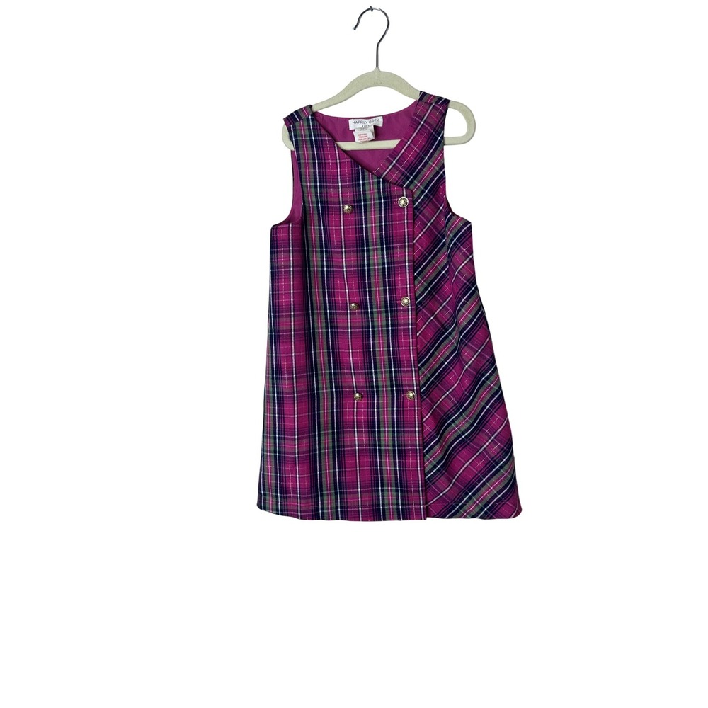 Happily Grey Dress Girls 6 Pink Plaid Sleeveless V Neck Button A-Line Party